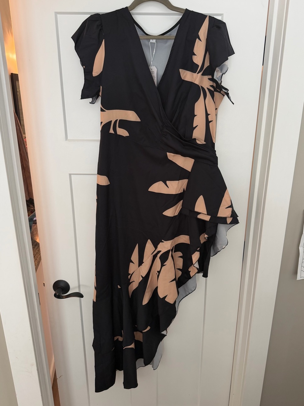 Black & Nude Leaf-Print High-Low Wrap Dress